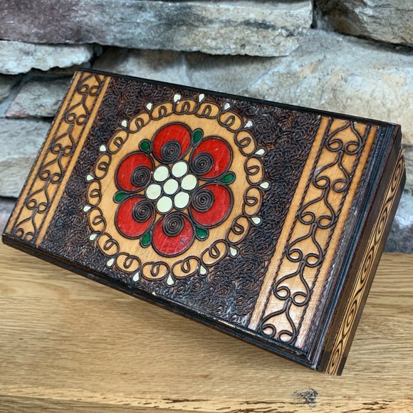 Jewelry Treasure Box Pyrography Wood Burning Red Velvet Lined Bohemian Decor - Picture 4 of 10